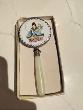Vintage Japanese Hand Painted Porcelain & Jade Hand Mirror - White, Green, Pink